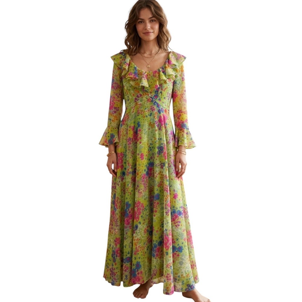 COCO CALIFORNIA Green Multicolor Floral Sheer Organza Maxi Dress Vintage 60s/70s